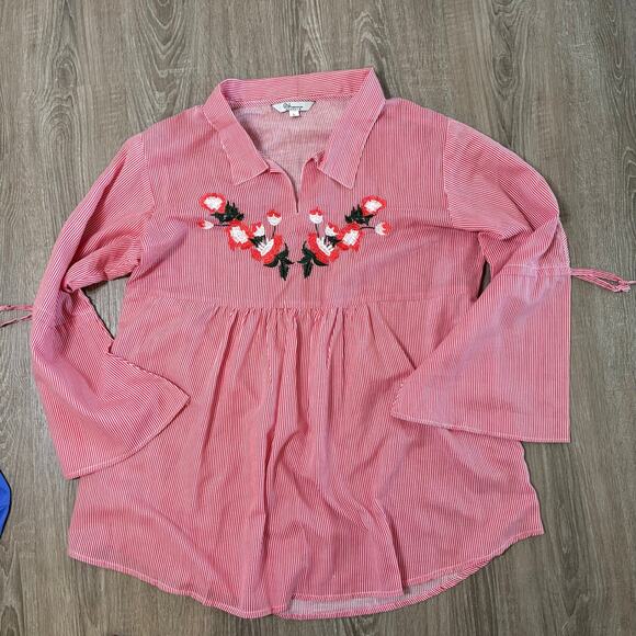 Bhama Tops - Bhama Couture Embroidered Floral Stripe Tunic Top L Boho Bell Sleeve